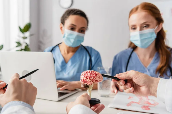 Doctor Pointing Pen Brain Anatomical Model Workplace Blurred Multiethnic Nurses — Stock Photo, Image