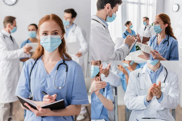 Collage Enfermera Pelirroja Con Cuaderno Mirando Cámara Hablando Con Médico — Foto de Stock