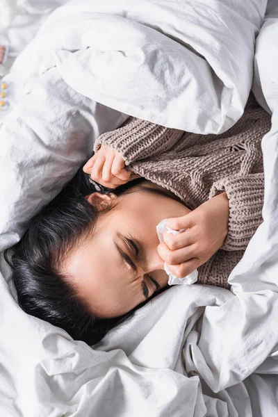 Top View Sick Young Brunette Woman Tissue Bed — Stock Photo, Image