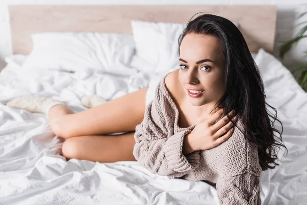 Young Brunette Woman Sweater Socks Lying Bed Morning — Stock Photo, Image