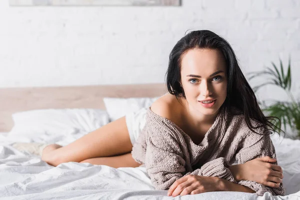 Young Brunette Woman Sweater Socks Lying Bed Morning — Stock Photo, Image