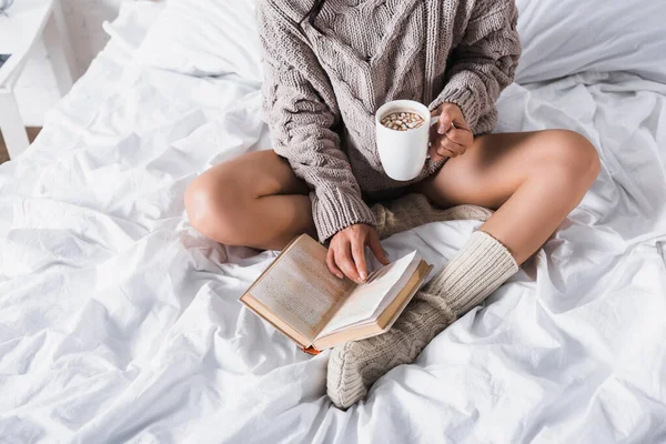Cropped View Woman Sweater Knitted Socks Sitting Bed Mug Hot — Stock Photo, Image