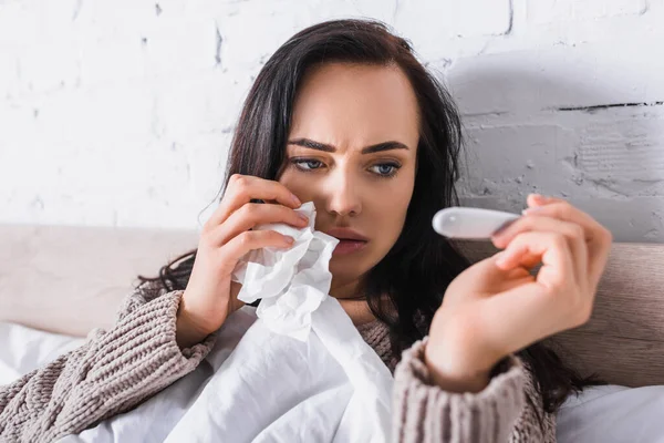 Ill Young Brunette Woman Sweater Lying Bed Thermometer Tissue — Stock Photo, Image