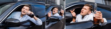 collage of drunk man holding bottle of whiskey, shouting and showing come here gesture while sitting in car, banner clipart