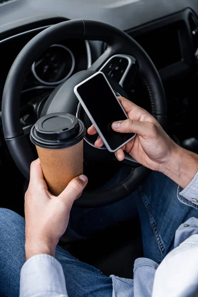 Cropped View Man Holding Coffee Smartphone Blank Screen Steering Wheel — Stock Photo, Image