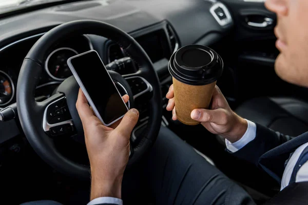 Cropped View Businessman Holding Smartphone Blank Screen Takeaway Coffee Auto — Stock Photo, Image