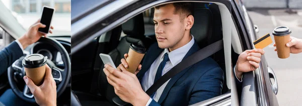 Collage of businessman using smartphone and holding credit card near seller with coffee to go near car, banner