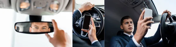 Collage Businessman Using Smartphone Adjusting Rearview Mirror Auto Banner — Stock Photo, Image