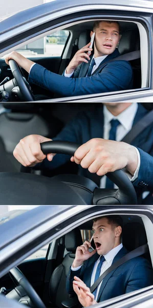 Collage Businessman Talking Smartphone Driving Car Banner — Stock Photo, Image