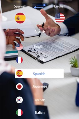 cropped view of multicultural business partners near contract, blurred foreground, translation app interface illustration clipart