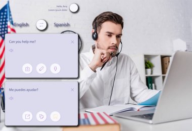 young interpreter in headset working near laptop on blurred foreground, illustration of translation app interface clipart