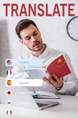 young interpreter working with chinese dictionary, different languages icons illustration clipart