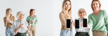 Beyaz ekranda boş ekranlı akıllı telefonları tutan üç neslin kolajı.
