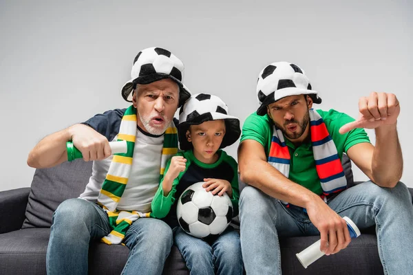 Upset Boy Soccer Ball Displeased Dad Grandfather Showing Thumbs Isolated — Stock Photo, Image