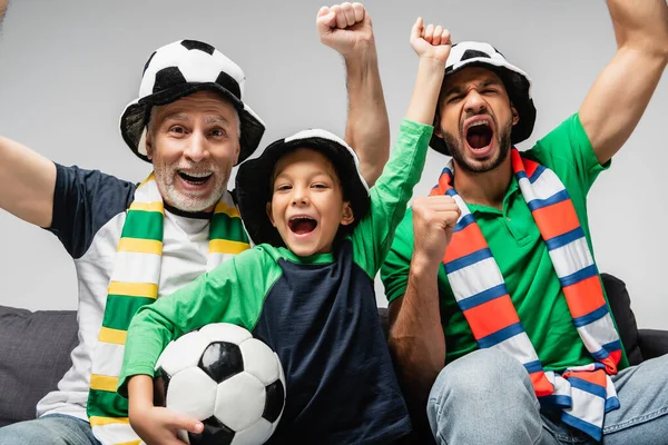 Happy Men Boy Fan Hats Shouting Showing Win Gesture While — Stock Photo, Image