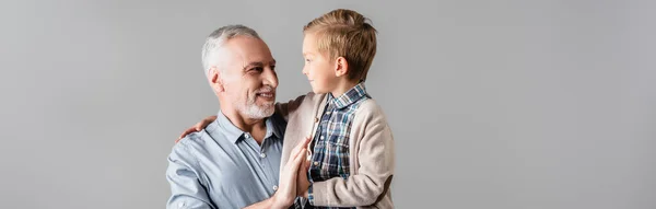 Happy Man Giving High Five Grandson While Holding Him Isolated — Stock Photo, Image
