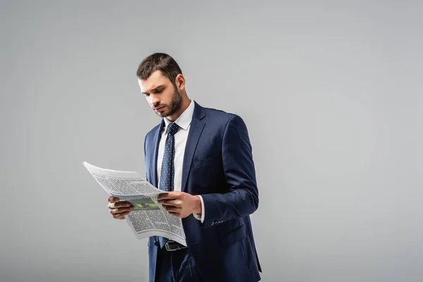 Thoughtful Businessman Formal Wear Reading Newspaper Isolated Grey — Stock Photo, Image