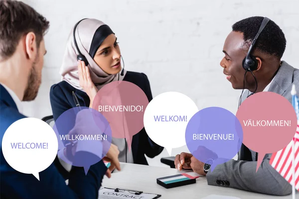 Interracial Business Partners Headsets Digital Translators Interpreter Speech Bubbles Word — Stock Photo, Image