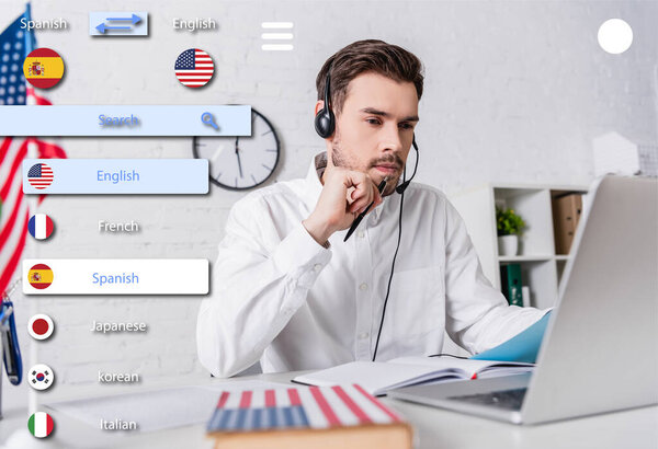 interpreter in headset near laptop and english dictionary on blurred foreground, multilingual translate app interface illustration