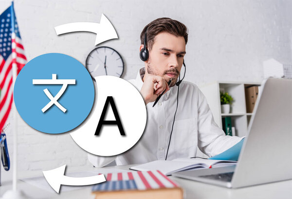 interpreter in headphones working at laptop near dictionary and usa flag on blurred foreground, icons with arrows illustration