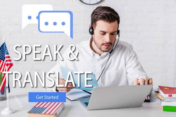 interpreter in headset working with document near usa flag, speech bubbles near speak and translate lettering and get started icon illustration