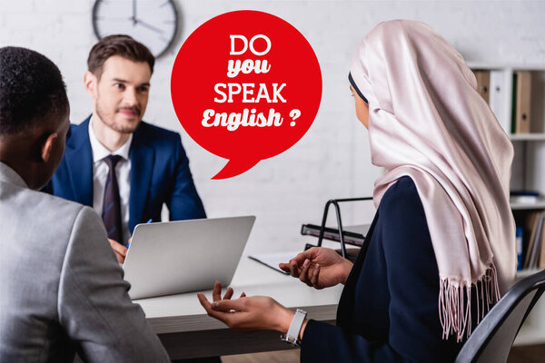 arabian businesswoman gesturing while talking to interracial business partners, speech bubble with do you speak english question illustration
