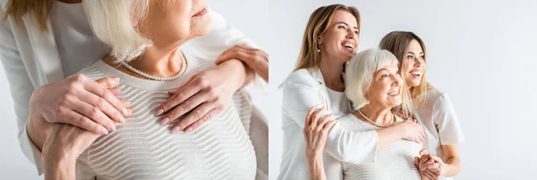 Collage Three Generation Positive Women Smiling While Hugging Isolated White — Stock Photo, Image