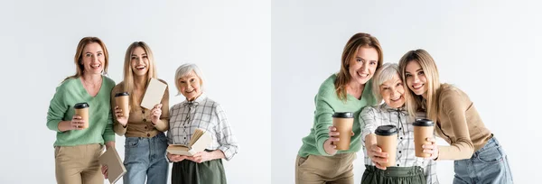 Collage Tres Generaciones Mujeres Felices Sosteniendo Vasos Papel Libros Aislados — Foto de Stock