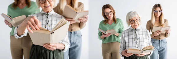 Collage Tres Generaciones Mujeres Gafas Leyendo Libros Aislados Blanco —  Fotos de Stock