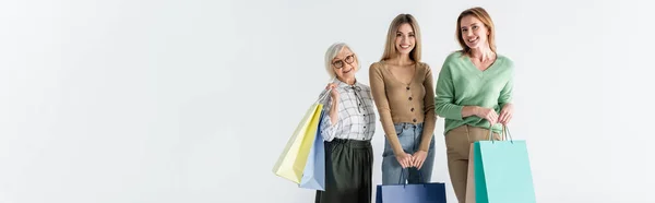 Three Generation Happy Women Holding Shopping Bags Isolated White Banner — Stock Photo, Image