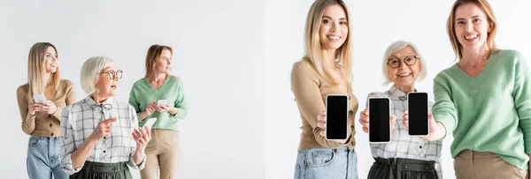 Κολάζ Των Τριών Γενεών Ευτυχείς Γυναίκες Κρατώντας Smartphones Λευκή Οθόνη — Φωτογραφία Αρχείου