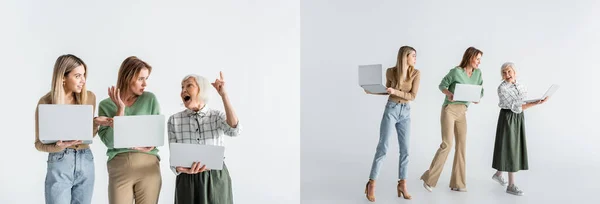 Колаж Трьох Поколінь Жінок Ноутбуками Білому Банер — стокове фото