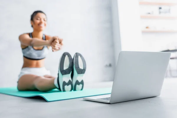 Young African American Sportswoman Stretching Arms While Sitting Fitness Mat — Stock Photo, Image