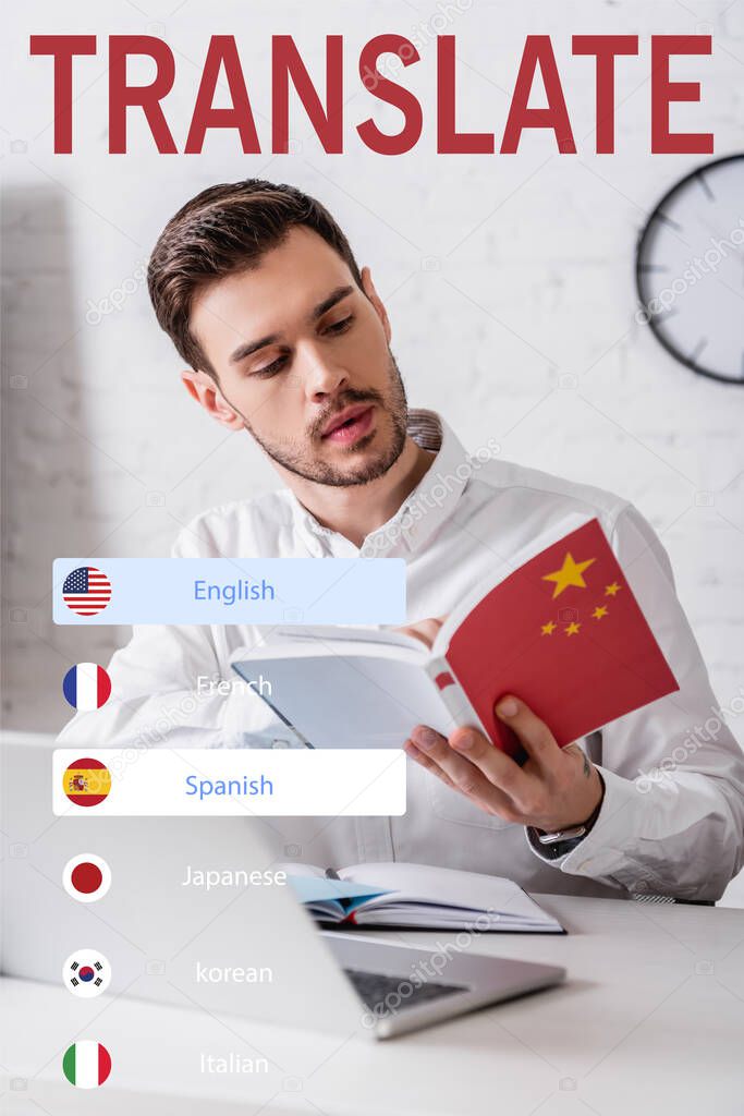 young interpreter working with chinese dictionary, different languages icons illustration