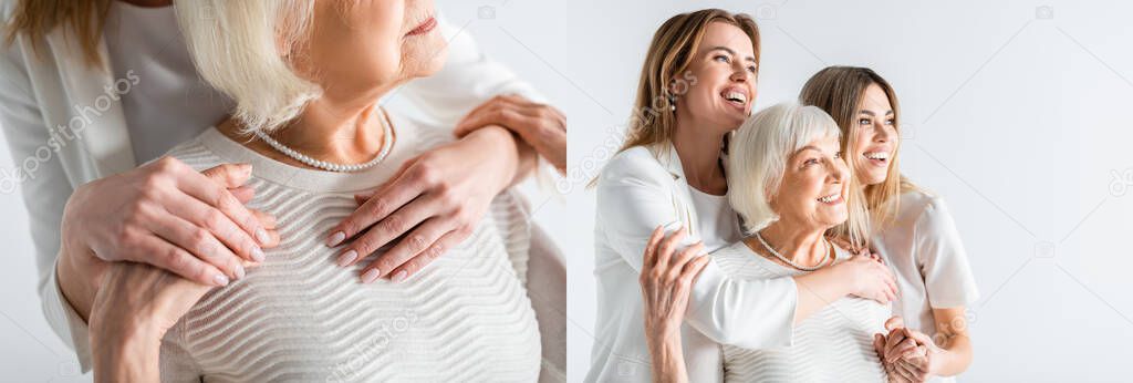 collage of three generation of positive women smiling while hugging isolated on white