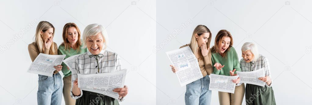 collage of three generation of astonished women reading newspapers isolated on white
