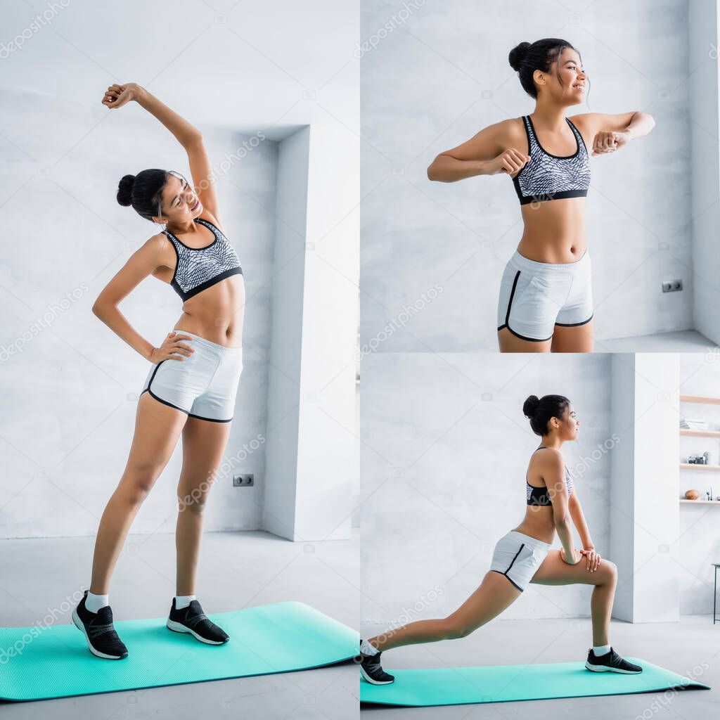 collage of young african american woman in sportswear exercising at home