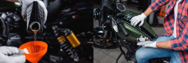 Mekanik motor yağının huniye dökülmesi kolajı ve motosiklet lastiklerindeki hava basıncını manometre ve pankartıyla kontrol etmek.