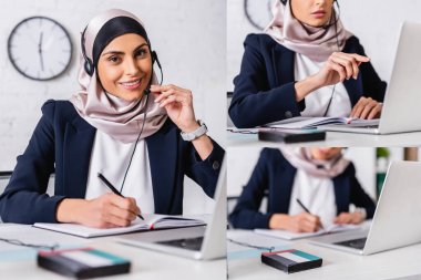 collage of arabian interpreter in headset pointing with finger and writing in notebook near digital translator with uae flag emblem clipart
