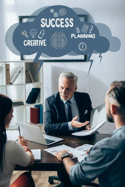 Investor Formal Wear Pointing Paper Folder Laptop Business Partners Blurred — Stock Photo, Image