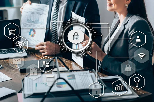 Cropped View Smiling Businesswoman Holding Document Chart Colleague Devices Blurred — Stock Photo, Image