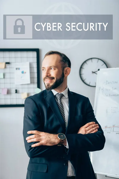 Successful Investor Standing Crossed Arms Flipchart Blurred Background Cyber Security — Stock Photo, Image