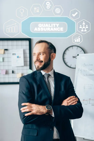 Smiling Investor Crossed Arms Looking Away Quality Assurance Illustration — Stock Photo, Image