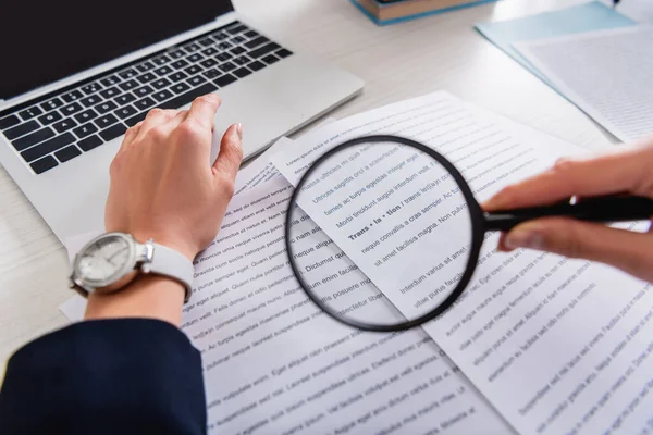 Cropped View Translator Holding Magnifier Glass Documents English Text Blurred — Stock Photo, Image