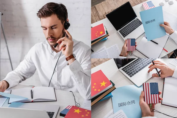 Collage Eines Dolmetschers Headset Der Mit Einem Digitalen Übersetzer Papiernähe — Stockfoto