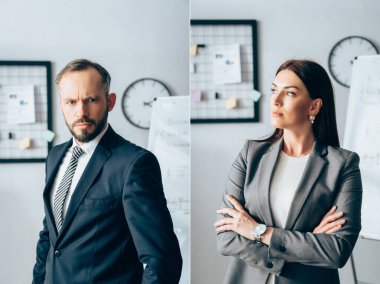 Endişeli işadamı ve iş kadınlarının bir kolajı 