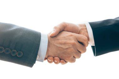 Cropped view of businessmen shaking hands isolated on white  clipart