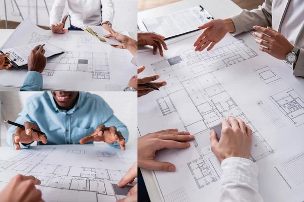 Collage Interracial Business Partners Gesturing Blueprint Giving Bribe African American — Stock Photo, Image