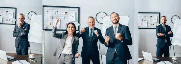 Collage Cheerful Businesspeople Showing Yeah Gesture Businessmen Standing Crossed Arms — Stock Photo, Image