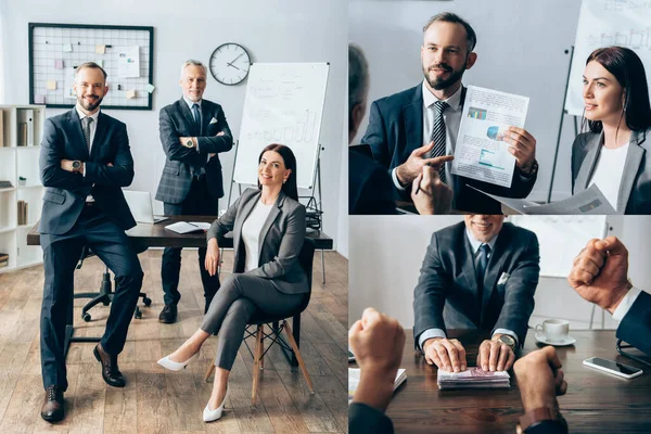 Colagem Empresários Sorrindo Para Câmera Trabalhando Com Papéis Segurando Dinheiro — Fotografia de Stock